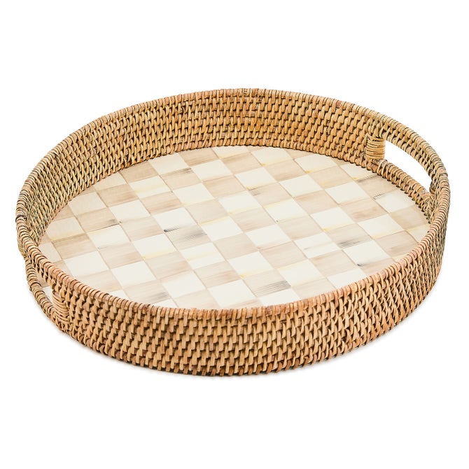Mocha Check Enamel & Rattan Round Serving Tray image number 0