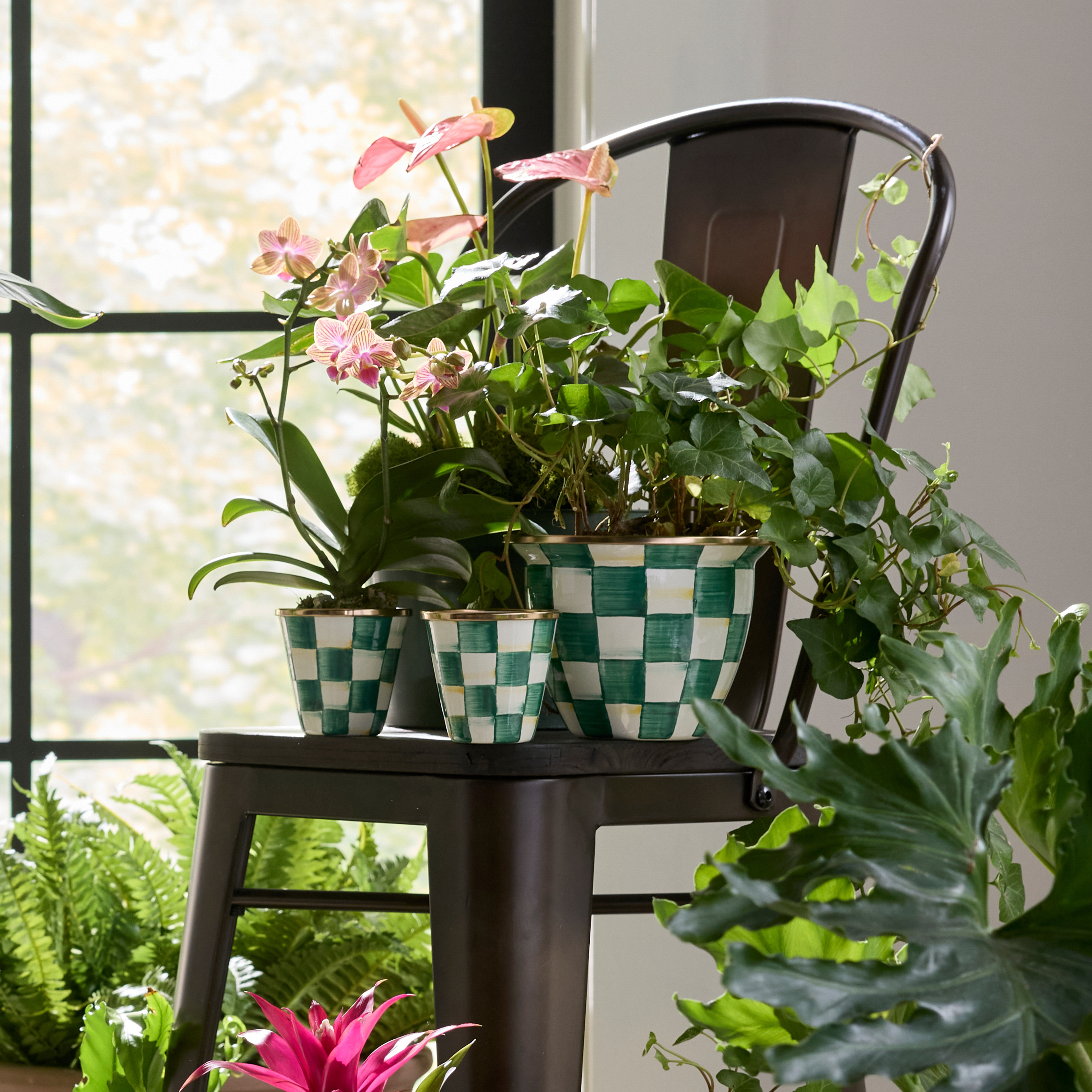 BAD WAY 迷彩　サーマル　ワンポイント花 MacKenzie-Childs | Emerald Check Large Flower Pot