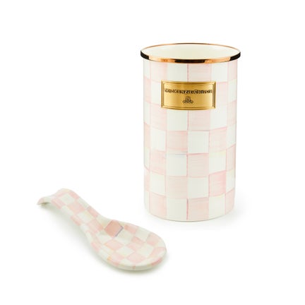 Rosy Check Enamel Spoon Rest & Utensil Holder Set