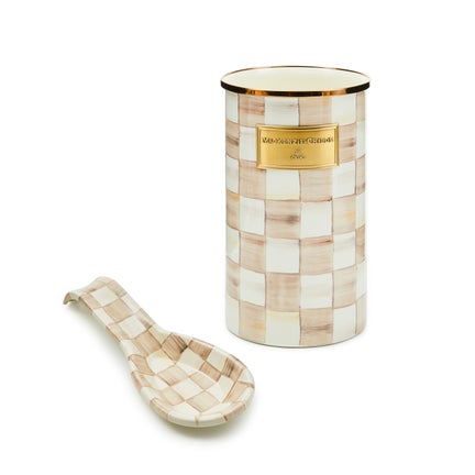 Mocha Check Spoon Rest & Utensil Holder Set