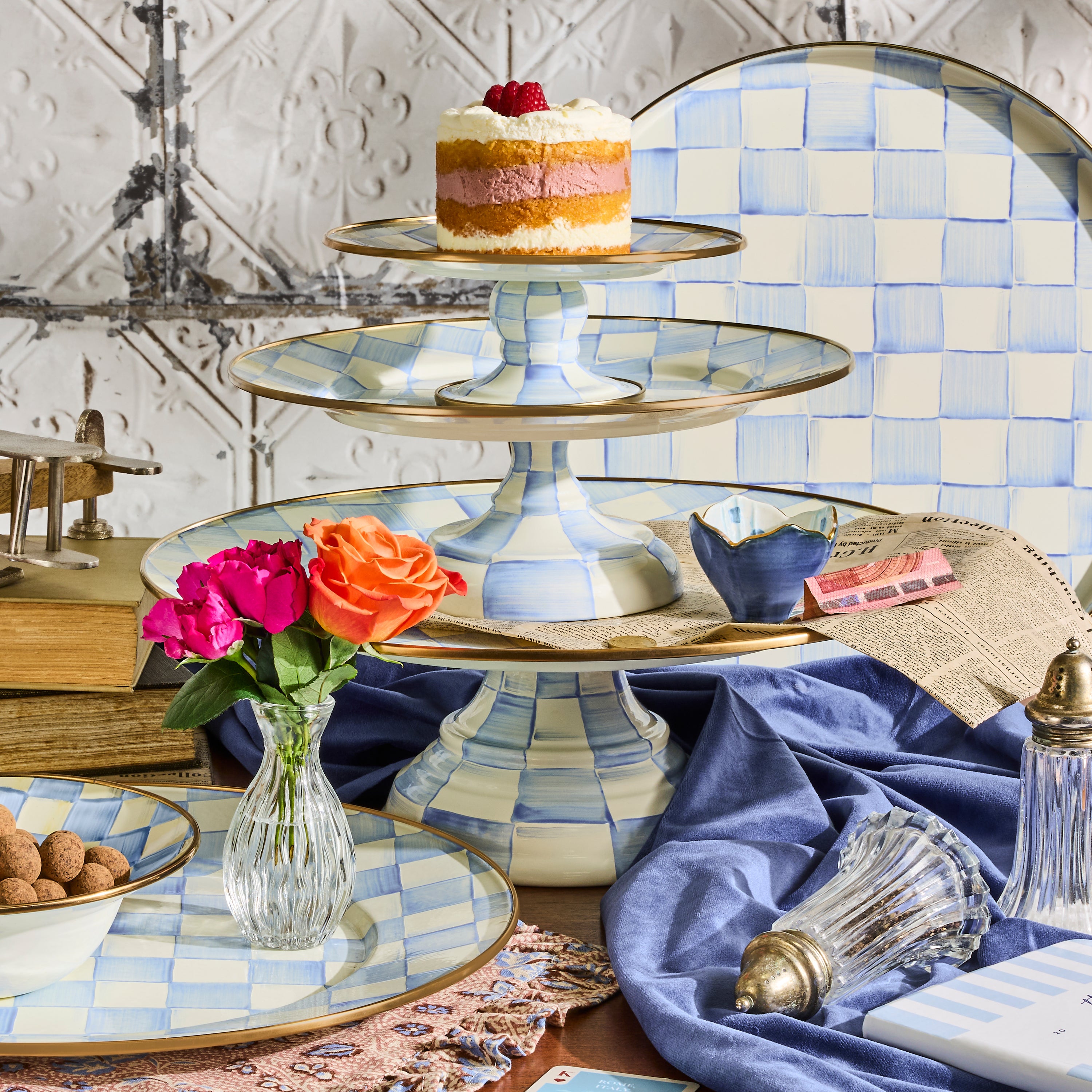MacKenzie-Childs | Sky Check Large Pedestal Platter
