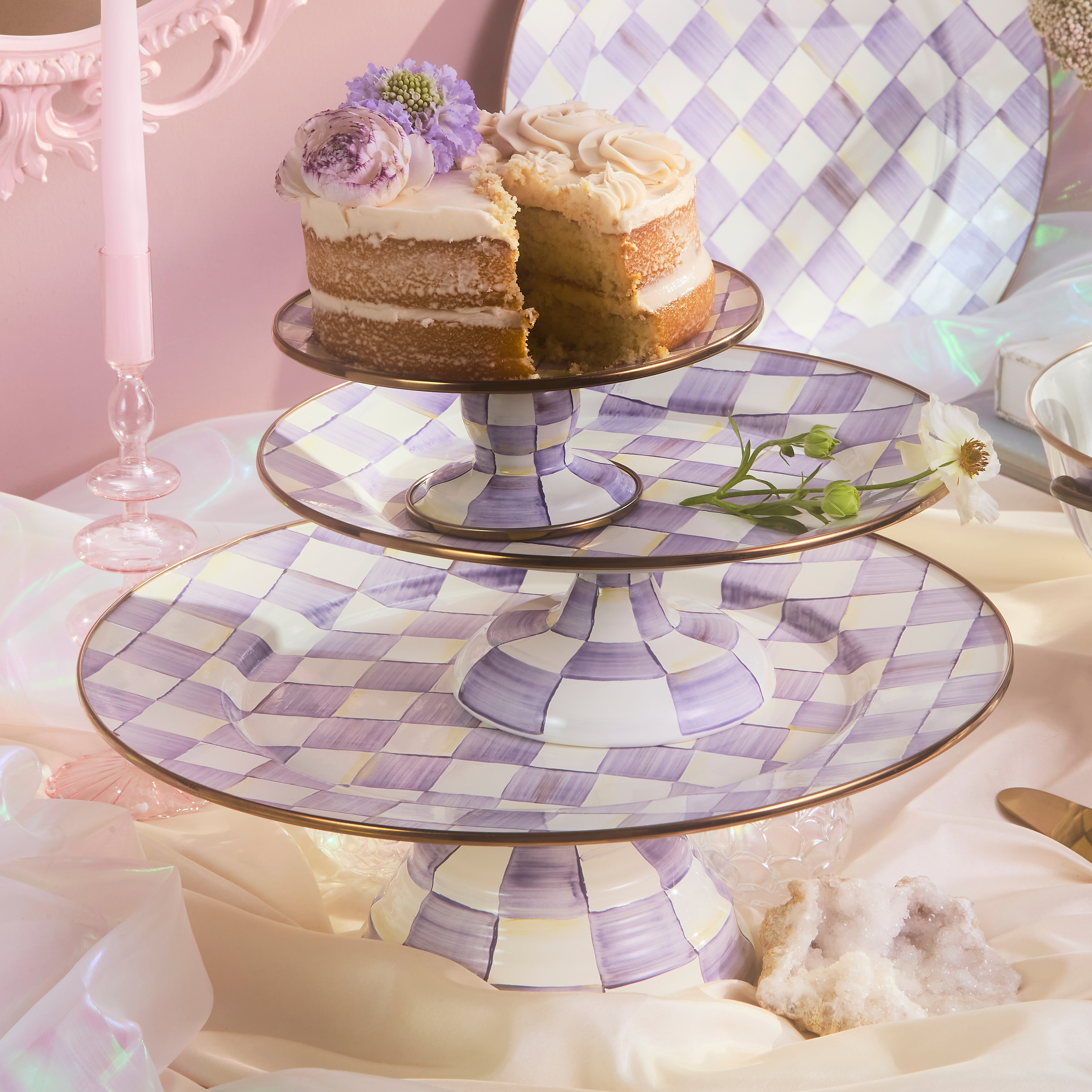 MacKenzie-Childs | Violet Check Large Pedestal Platter