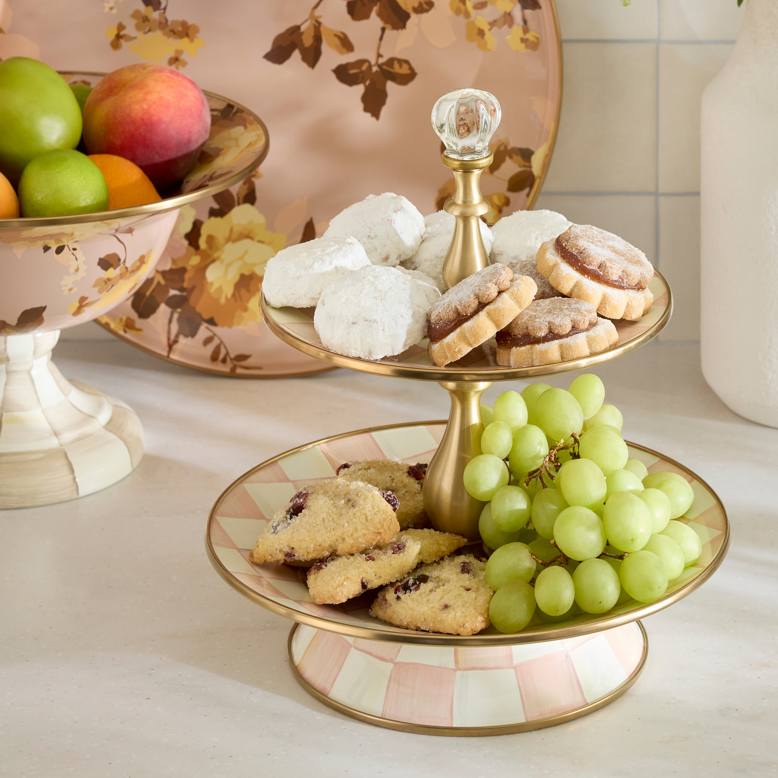 MacKenzie-Childs | Rosy Check Two Tier Sweet Stand