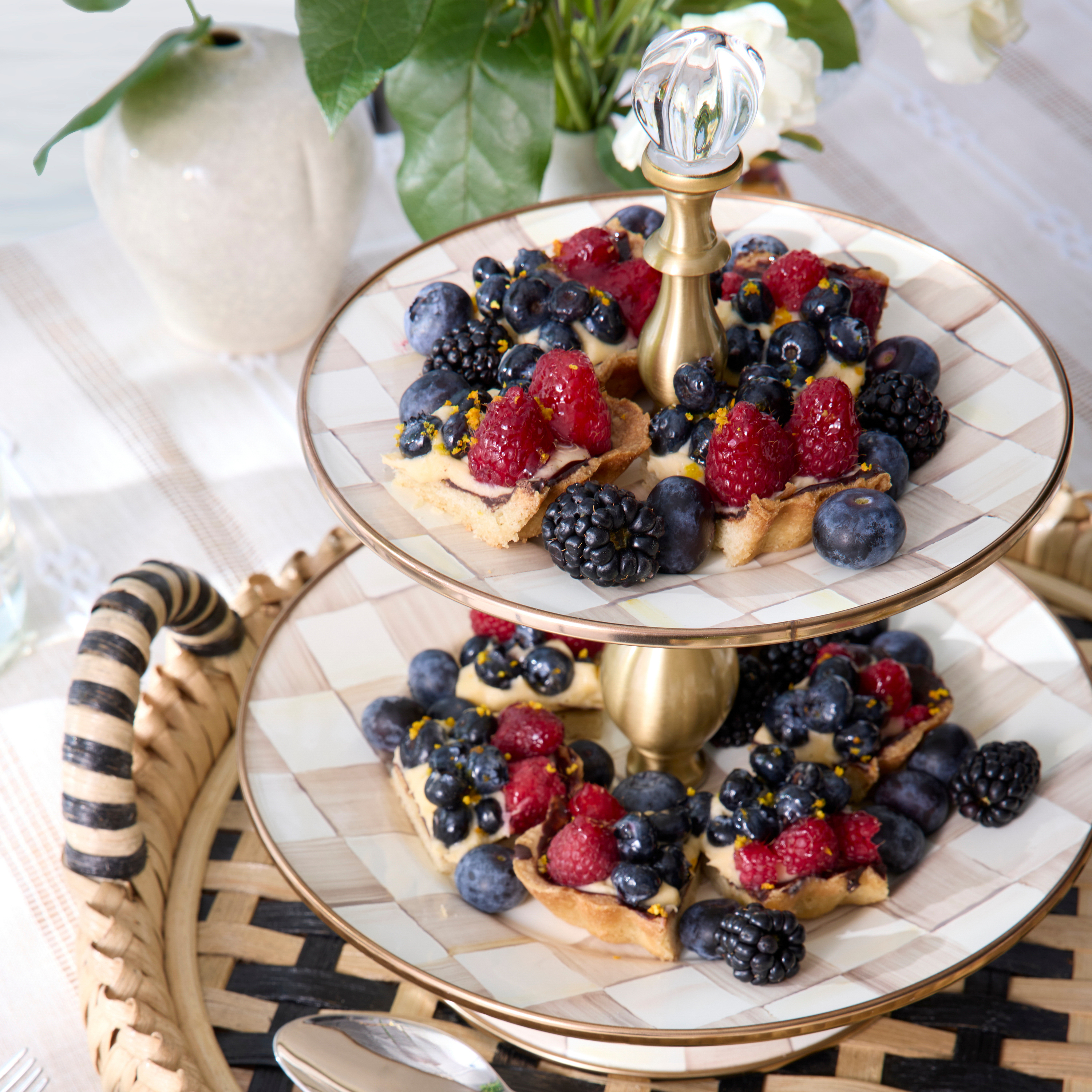 MacKenzie-Childs | Mocha Check Two Tier Sweet Stand