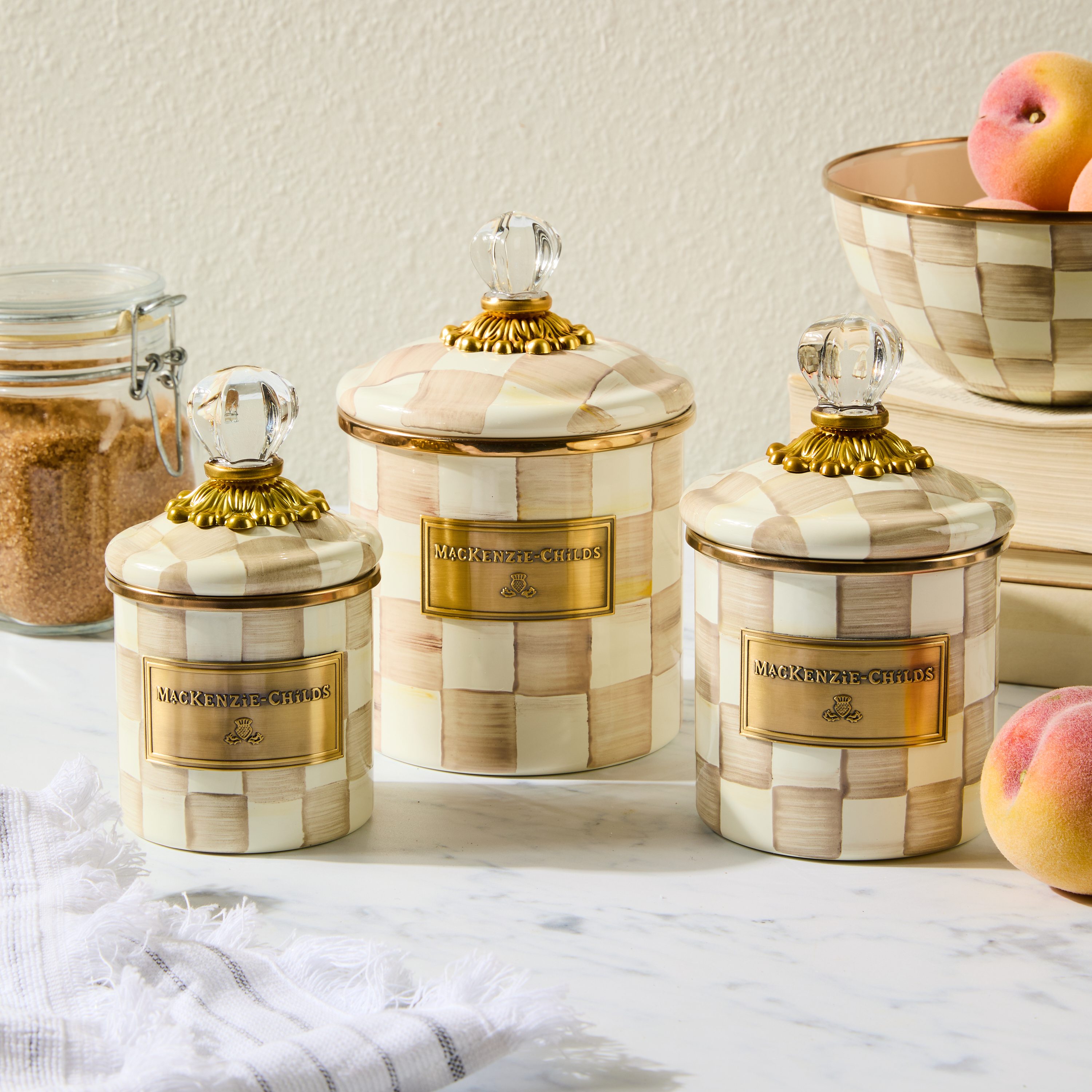 MacKenzie-Childs | Mocha Check Little Canisters, Set of 3