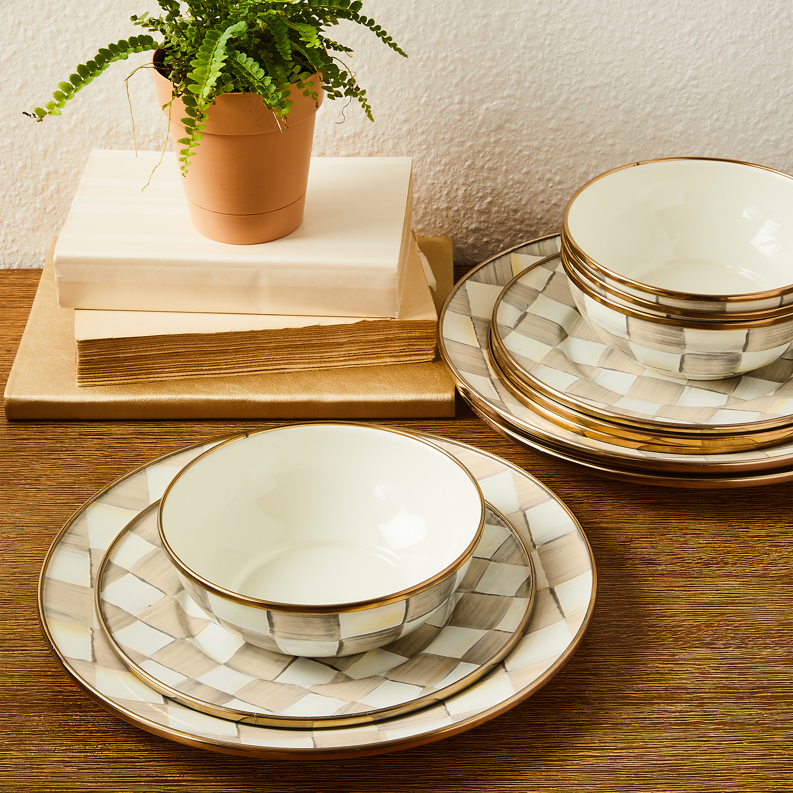 MacKenzie-Childs  Check クマ　お皿 MacKenzie-Childs | Mocha Check Dinnerware 12pc Complete Set