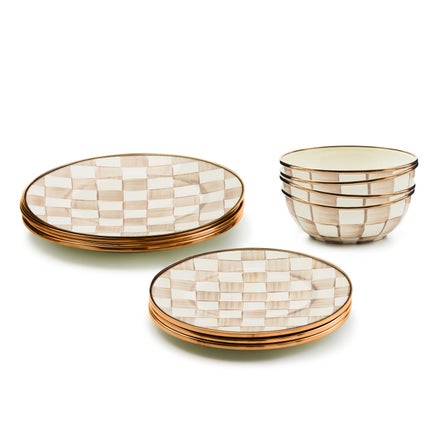 Mocha Check Dinnerware 12pc Complete Set
