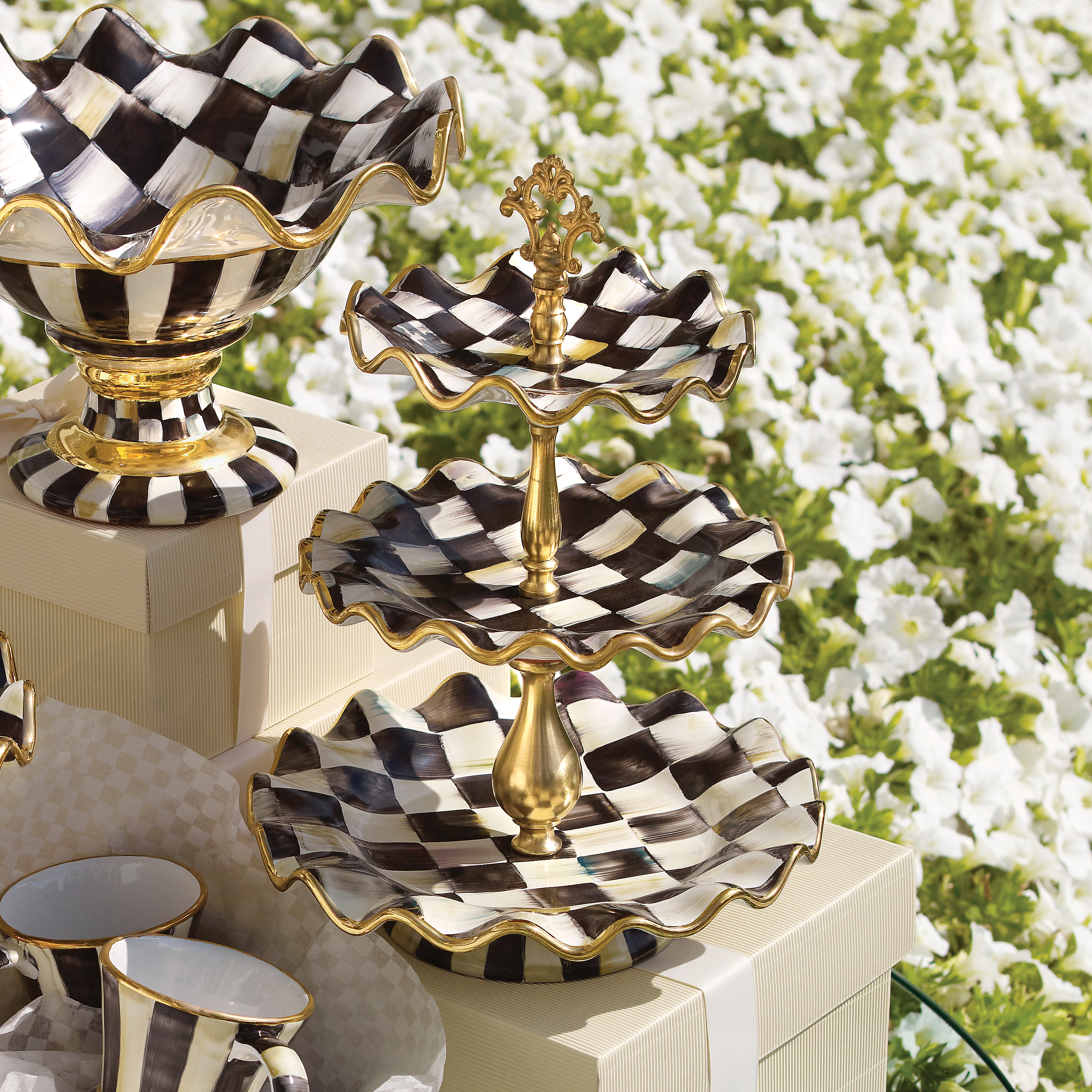 MacKenzie-Childs | Violet Check Ceramic Three Tier Sweet Stand